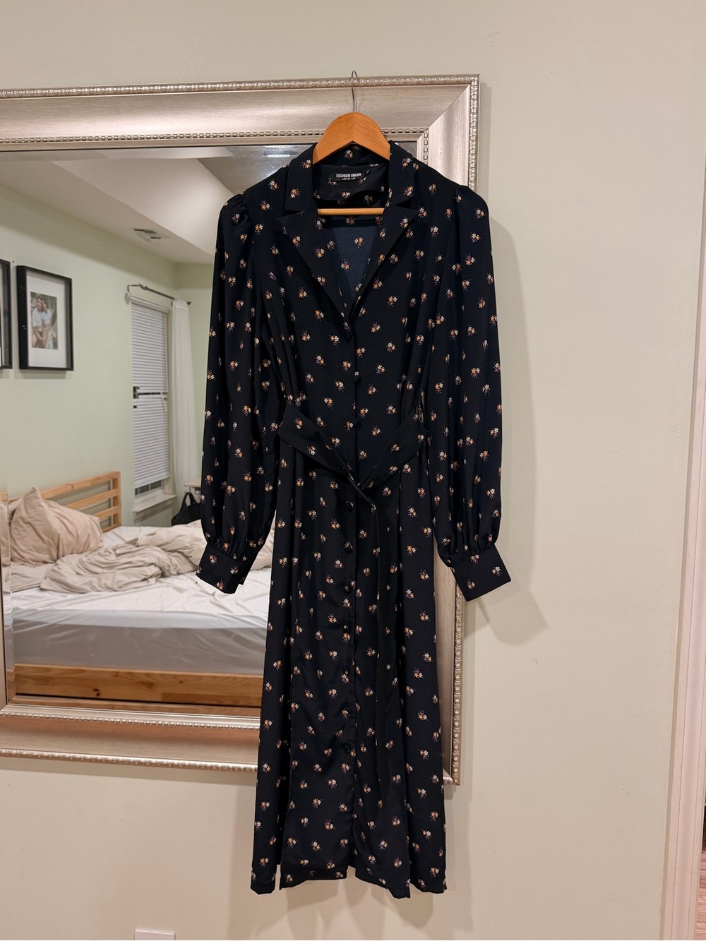 Fashion Union Black Floral Long Sleeve buttoned shirt Midi Dress